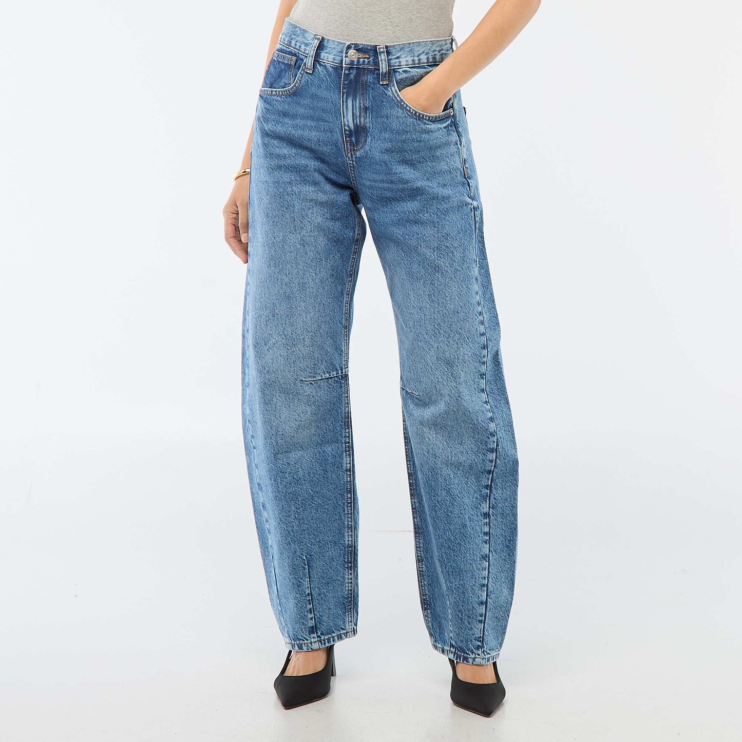 Cotton Denim Barrel Leg Trousers BLUE