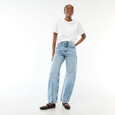 Cotton Denim Barrel Leg Pants BLUE