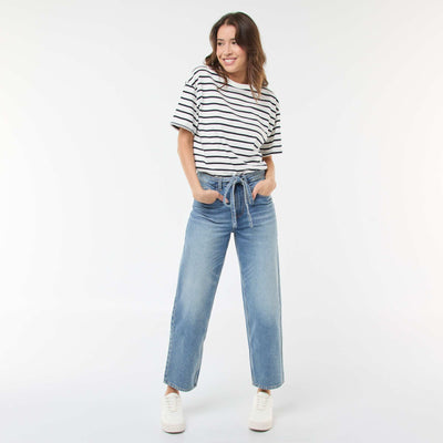 Solid Barrel Fit Denim Pants with Tie BLUE