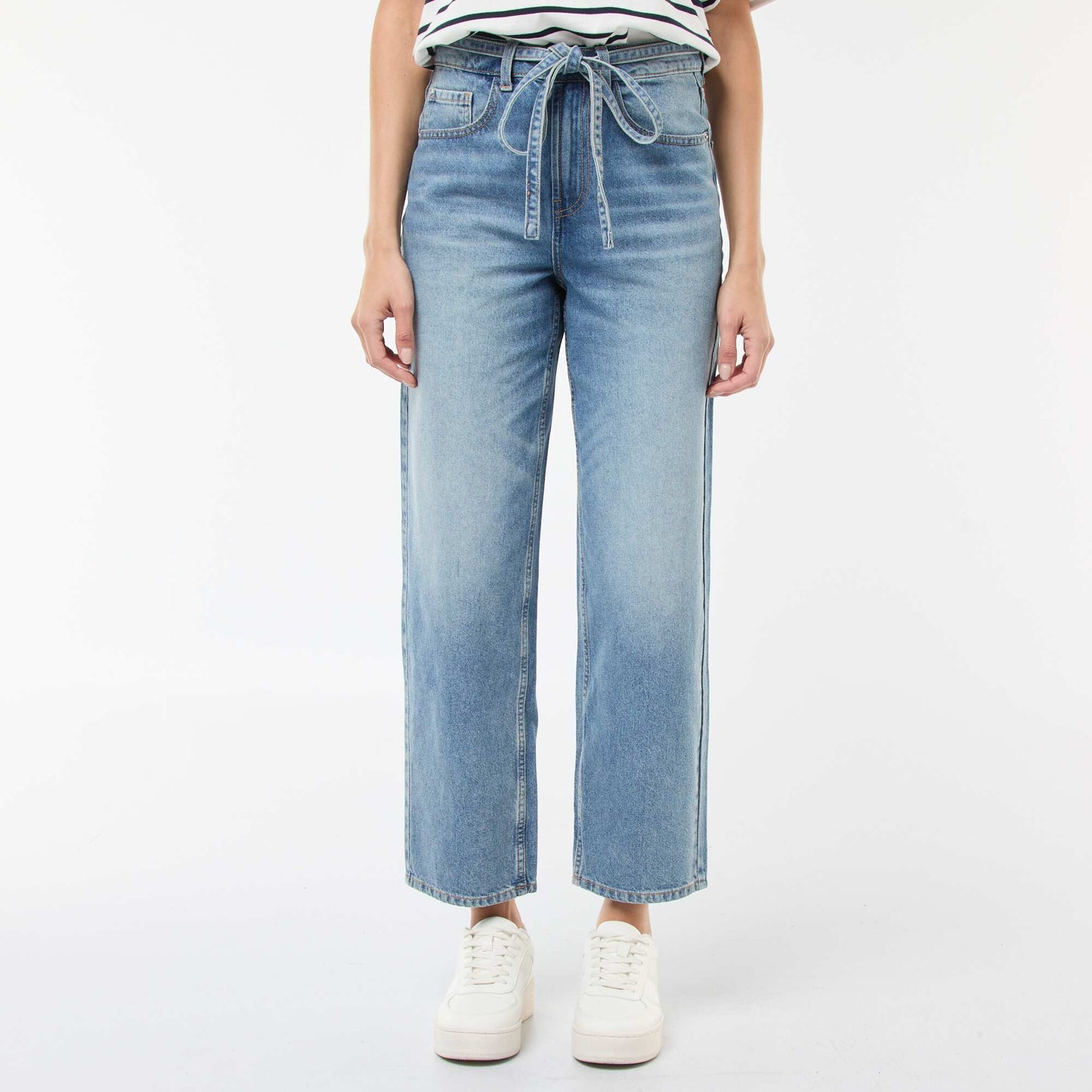 Solid Barrel Fit Denim Pants with Tie BLUE