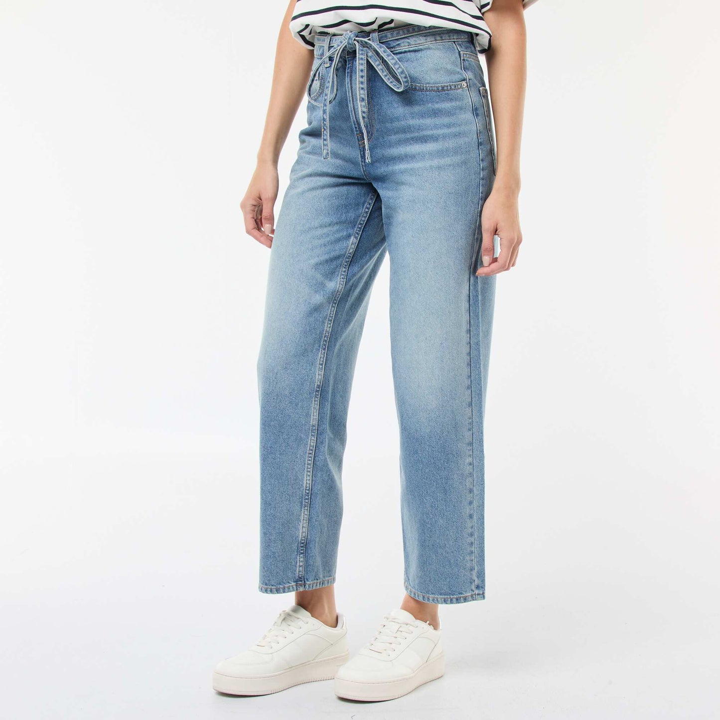 Solid Barrel Fit Denim Pants with Tie BLUE