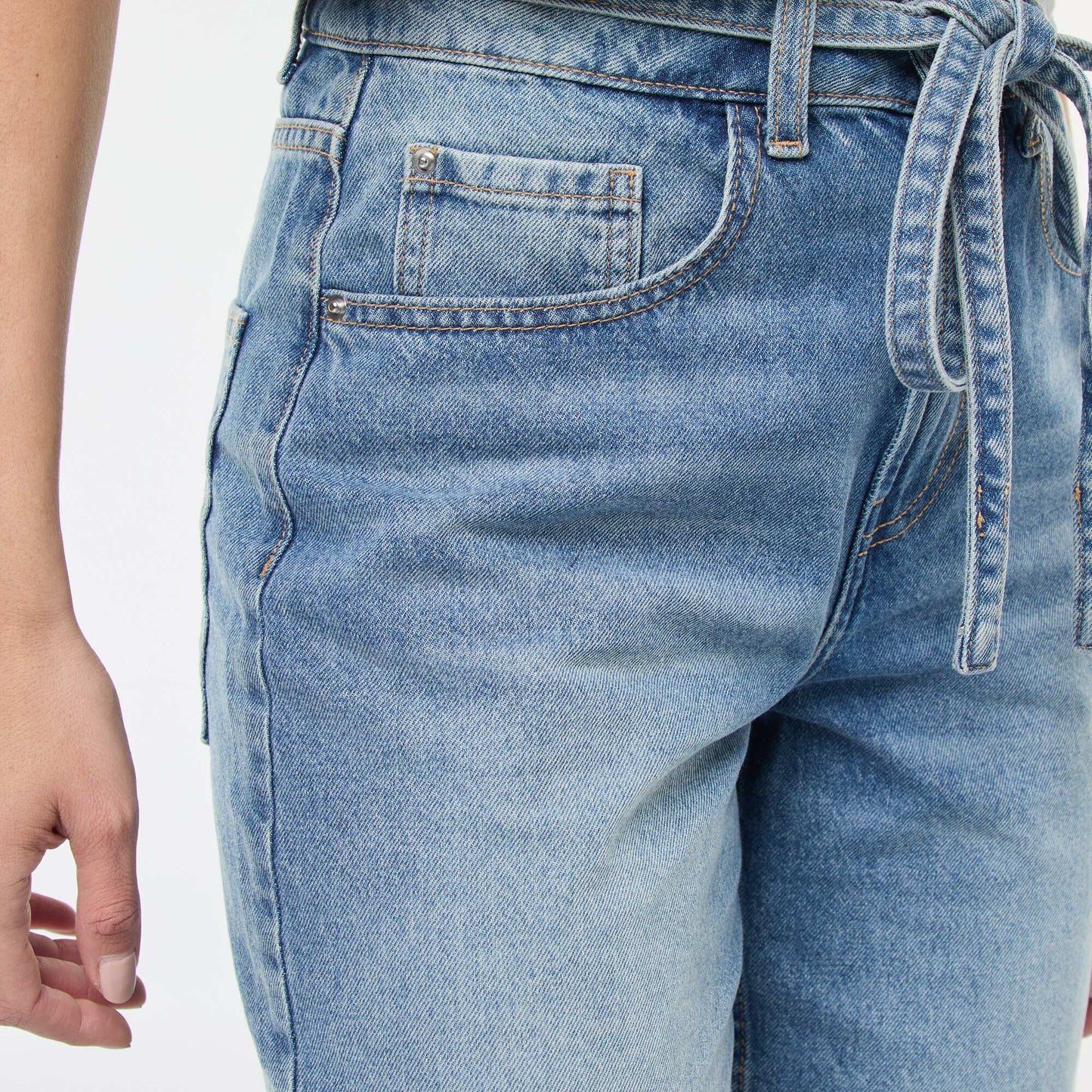 Solid Barrel Fit Denim Pants with Tie BLUE