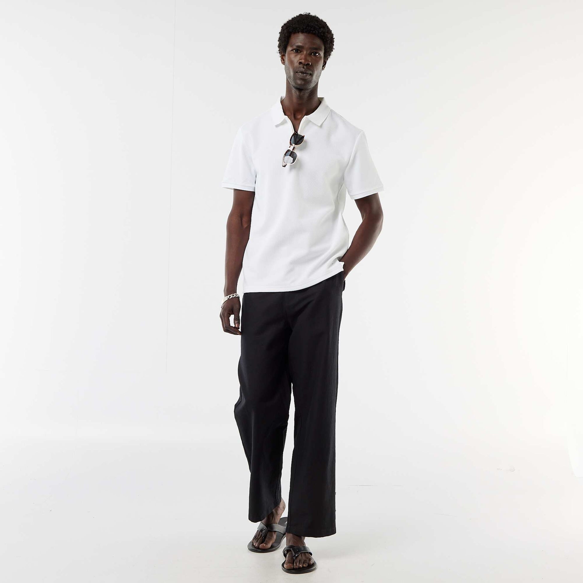 Honeycomb Knit Polo with Zip Collar WHITE