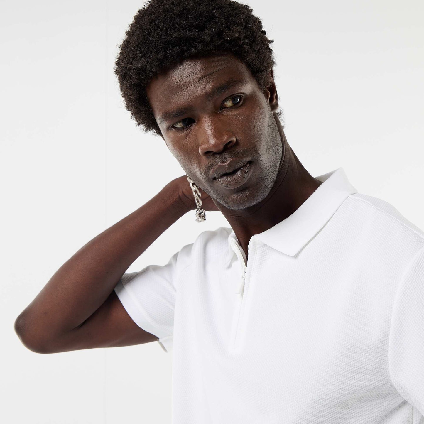 Honeycomb Knit Polo with Zip Collar WHITE