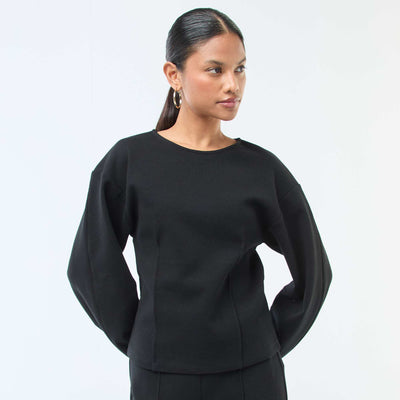 Peplum Sweatshirt with Round Neck BLACK