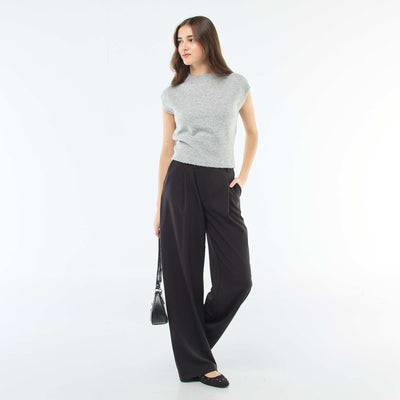 Wide-Leg Trousers with Asymmetrical Opening BLACK