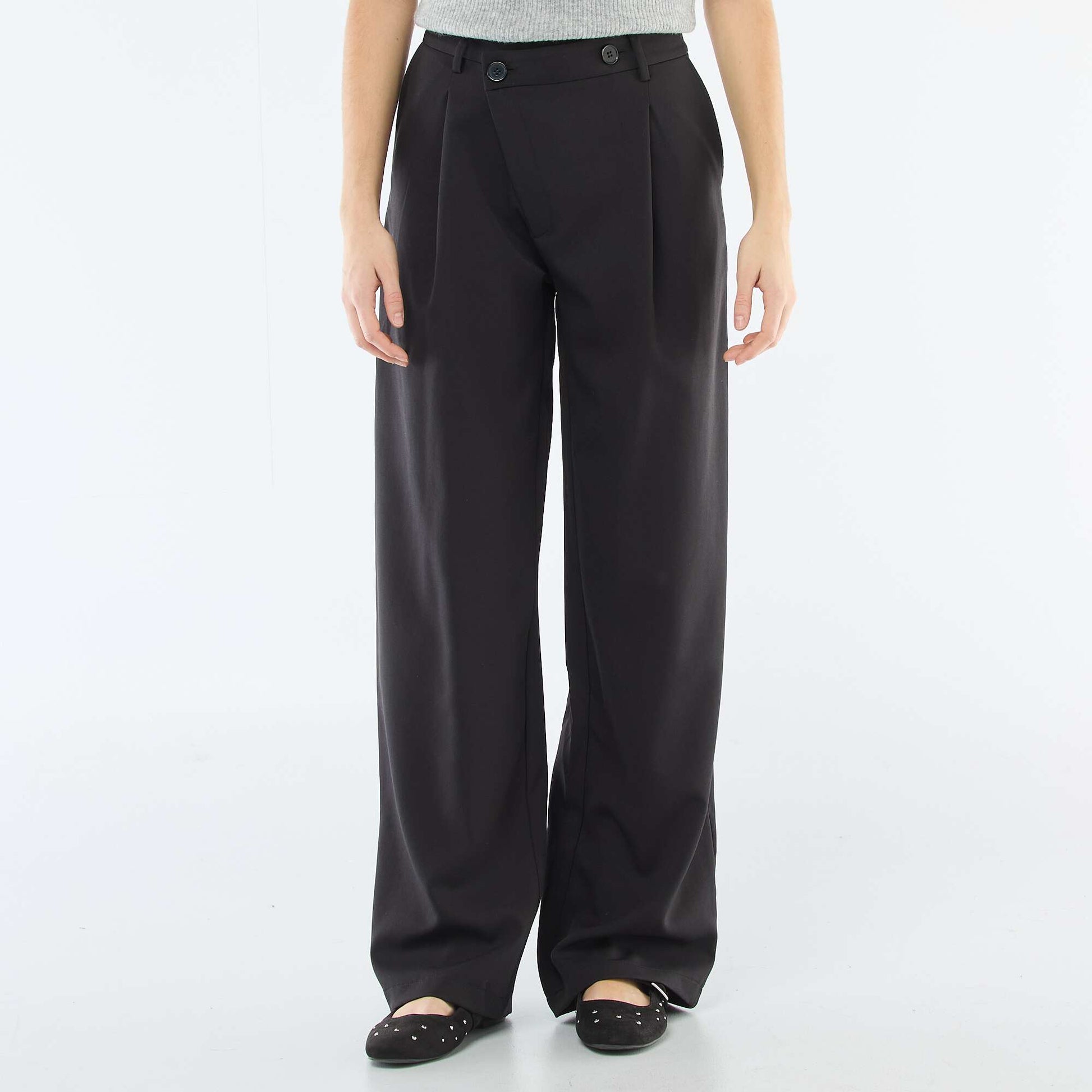 Wide-Leg Trousers with Asymmetrical Opening BLACK