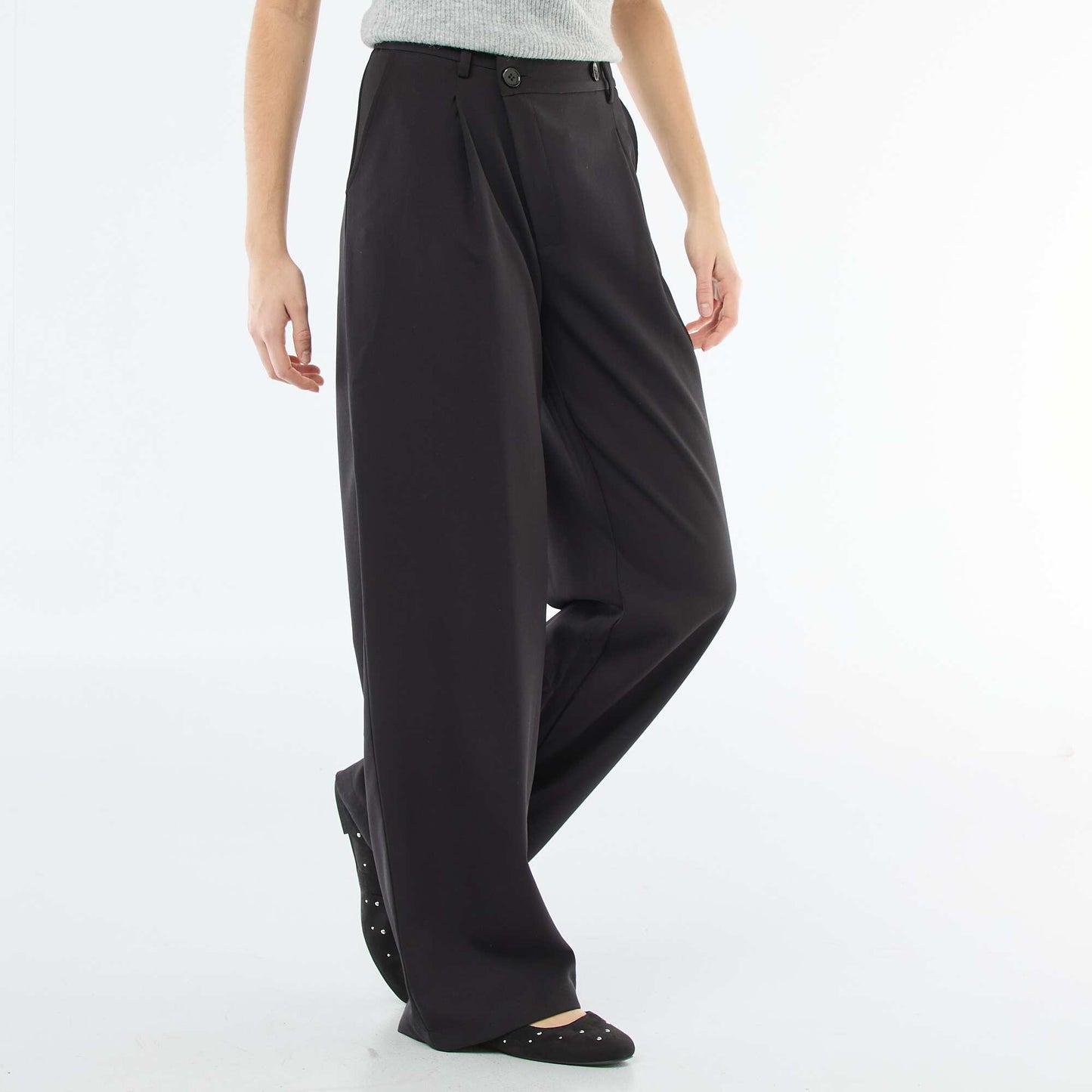 Wide-Leg Trousers with Asymmetrical Opening BLACK