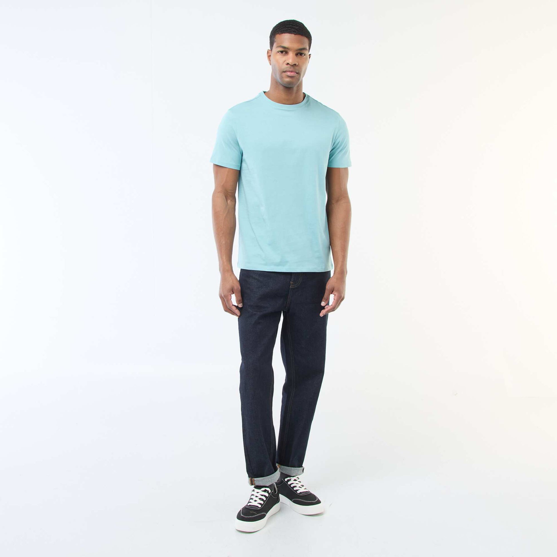 Plain jersey straight T-shirt BLUE