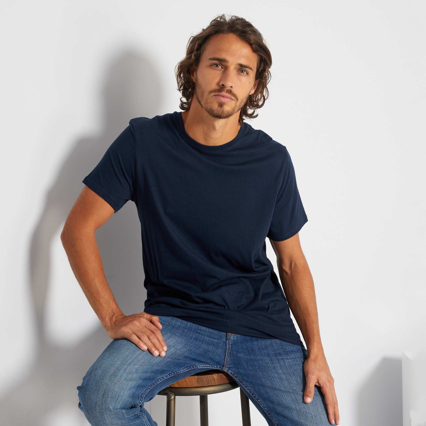 Plain jersey straight T-shirt dark blue