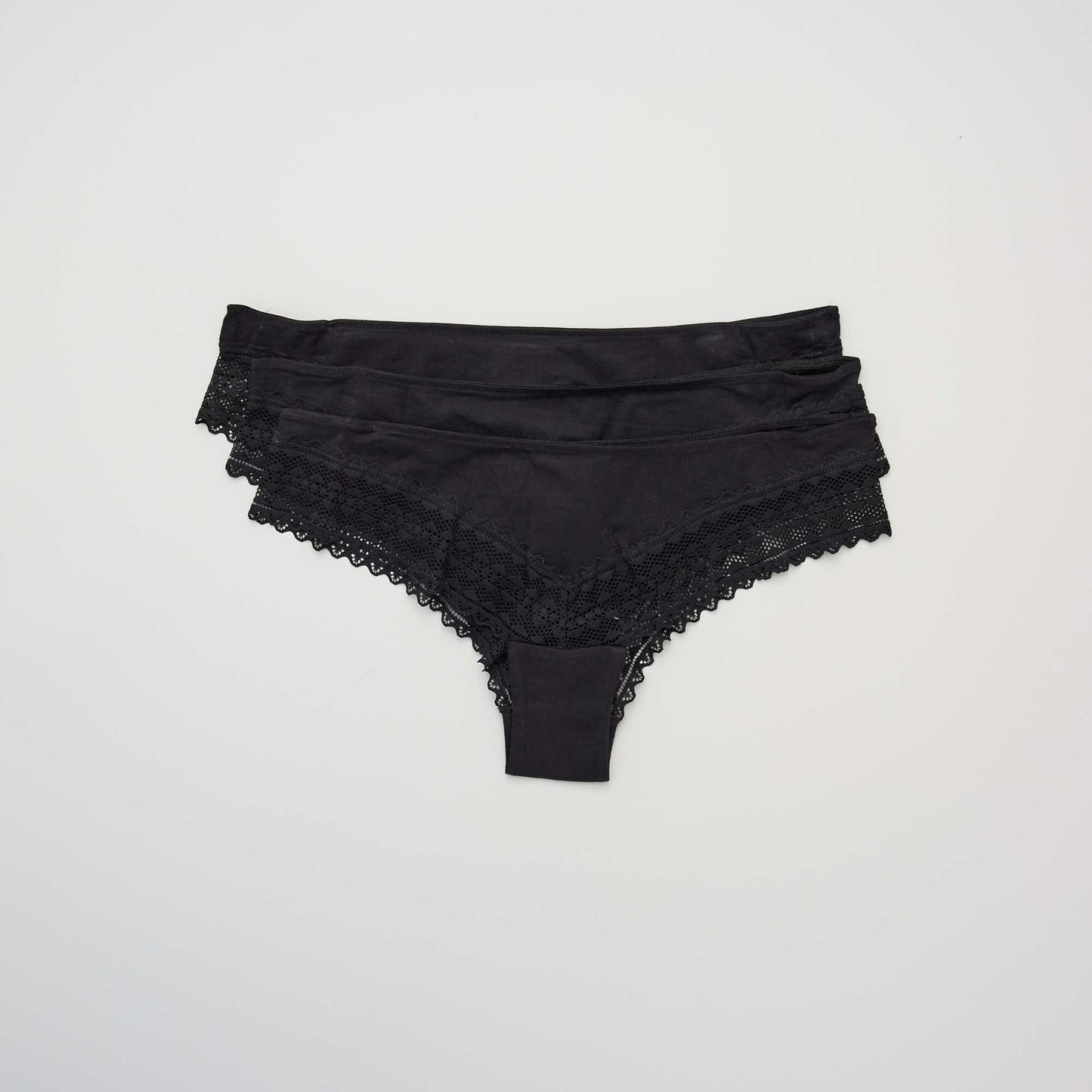 Pack of 3 cotton and lace tanga briefs BLACK