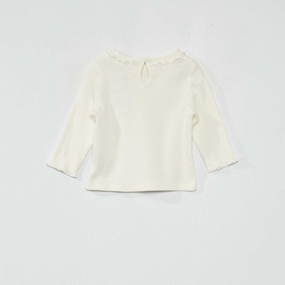 Ribbed knit T-shirt with ruffled collar White