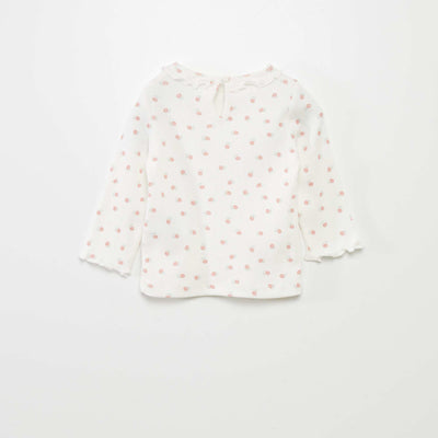 Ribbed knit T-shirt with ruffled collar WHITE