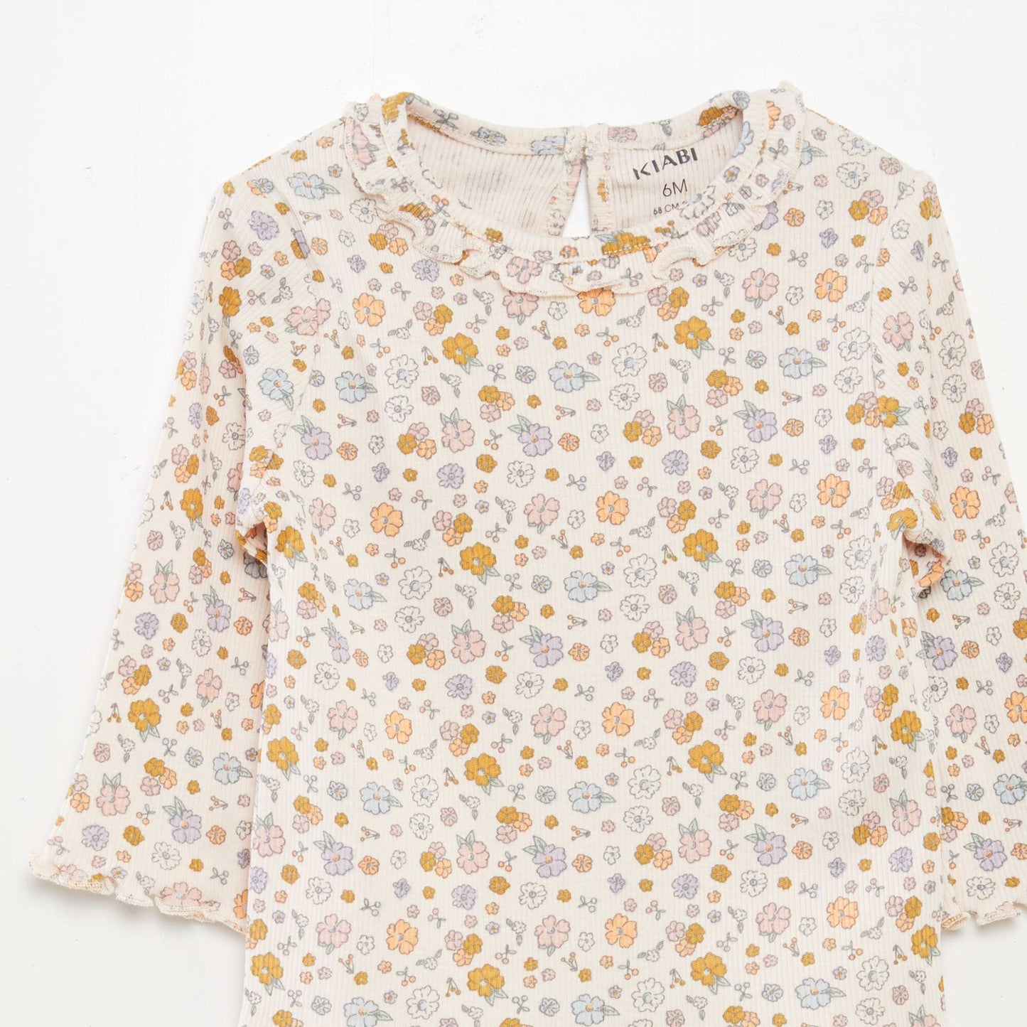 Ribbed knit T-shirt with ruffled collar PINK