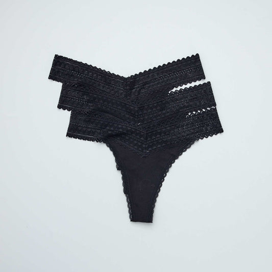 Pack of 3 cotton and lace thongs BLACK