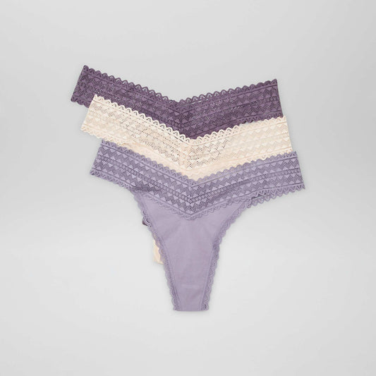 Pack of 3 cotton and lace thongs PURPLE