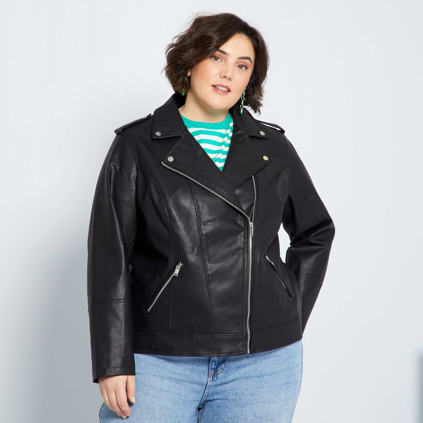 Faux leather jacket with notched lapel black