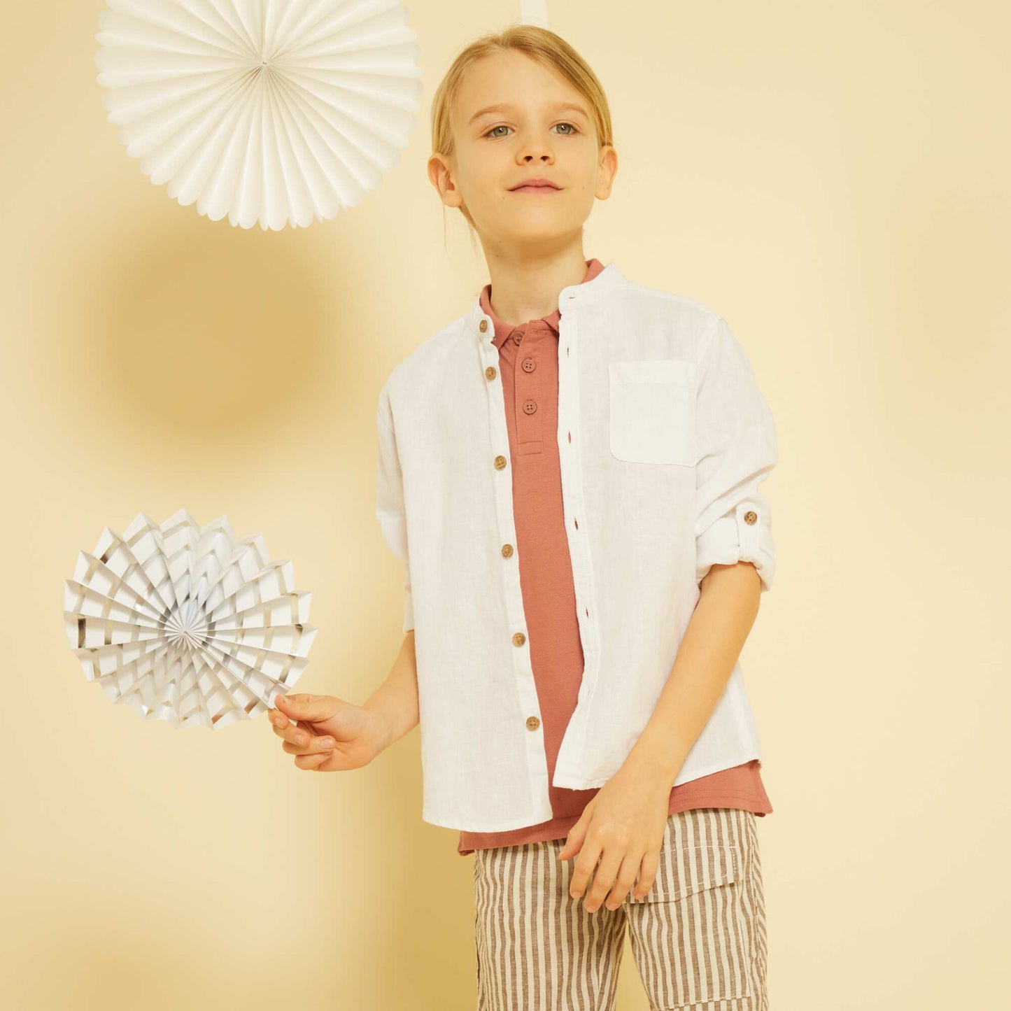 Linen shirt with mandarin collar White