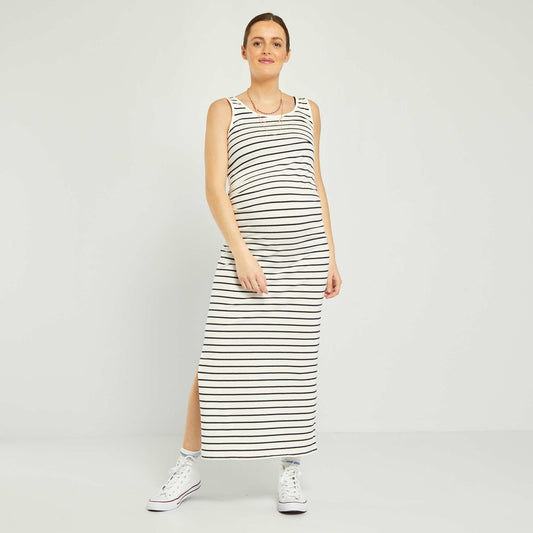 Long striped maternity dress WHITE