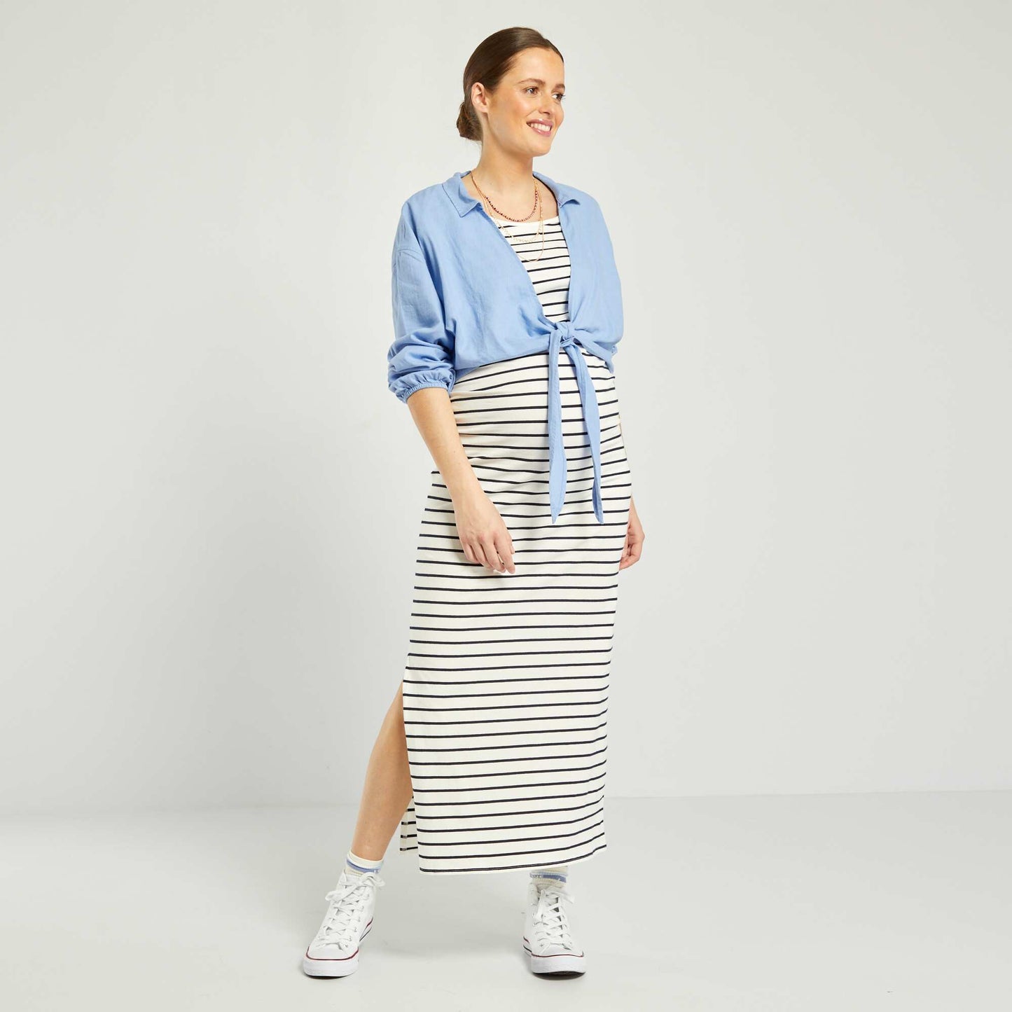 Long striped maternity dress WHITE