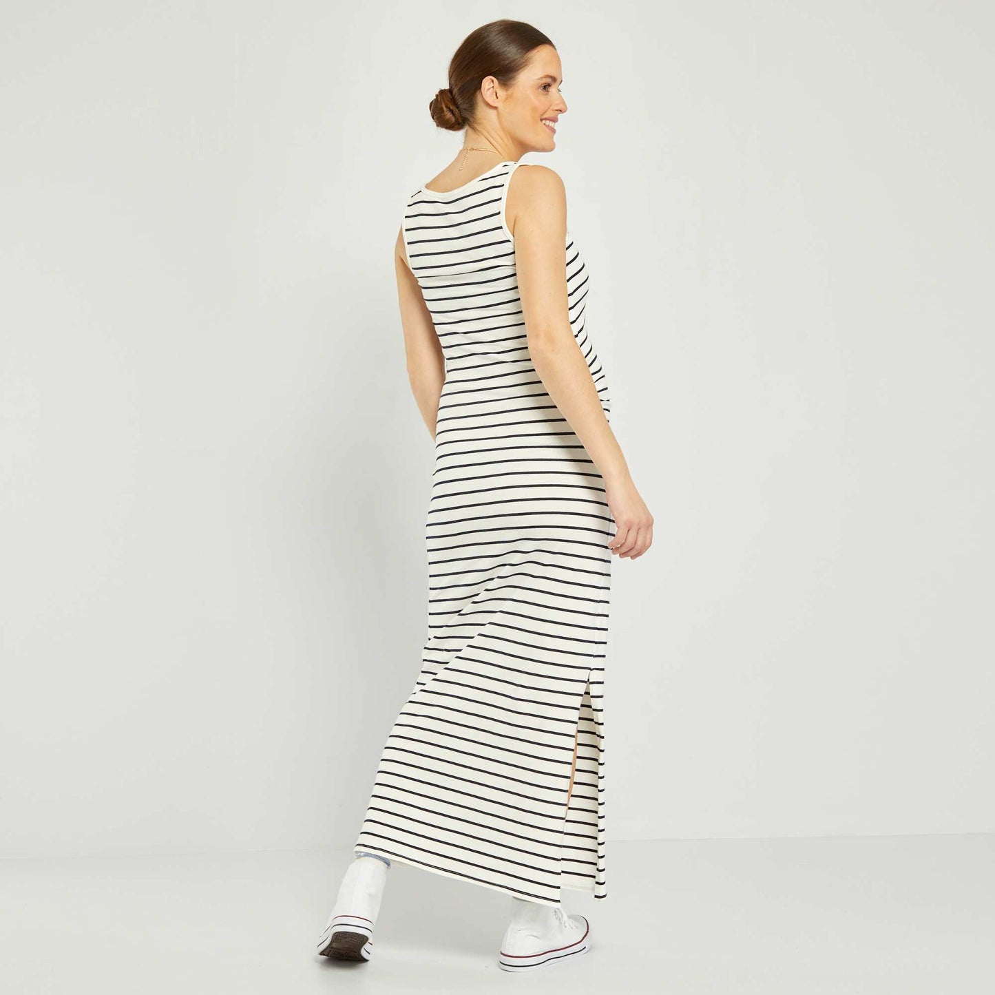 Long striped maternity dress WHITE